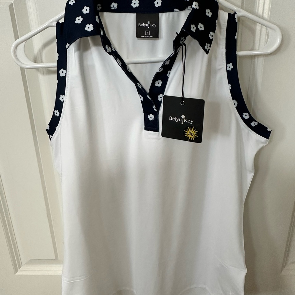 Belyn Key White Tank Top with Polo Collar and Blue Trim
